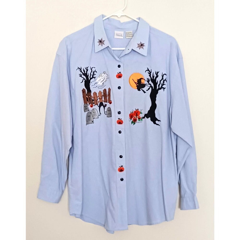 Falls Creek Halloween Embroidered Blue Chambray Shirt Sz L Oversized